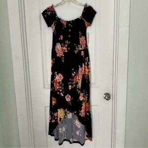 NWT 205 Collins Black Floral Off-Shoulder High-Low Maxi Dress